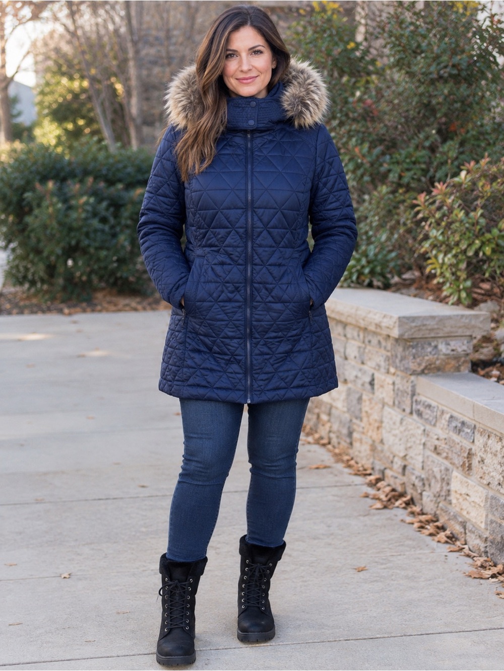 Marc New York Down Jacket Women’s Large Navy Chevron Quilted Faux Fur Hood